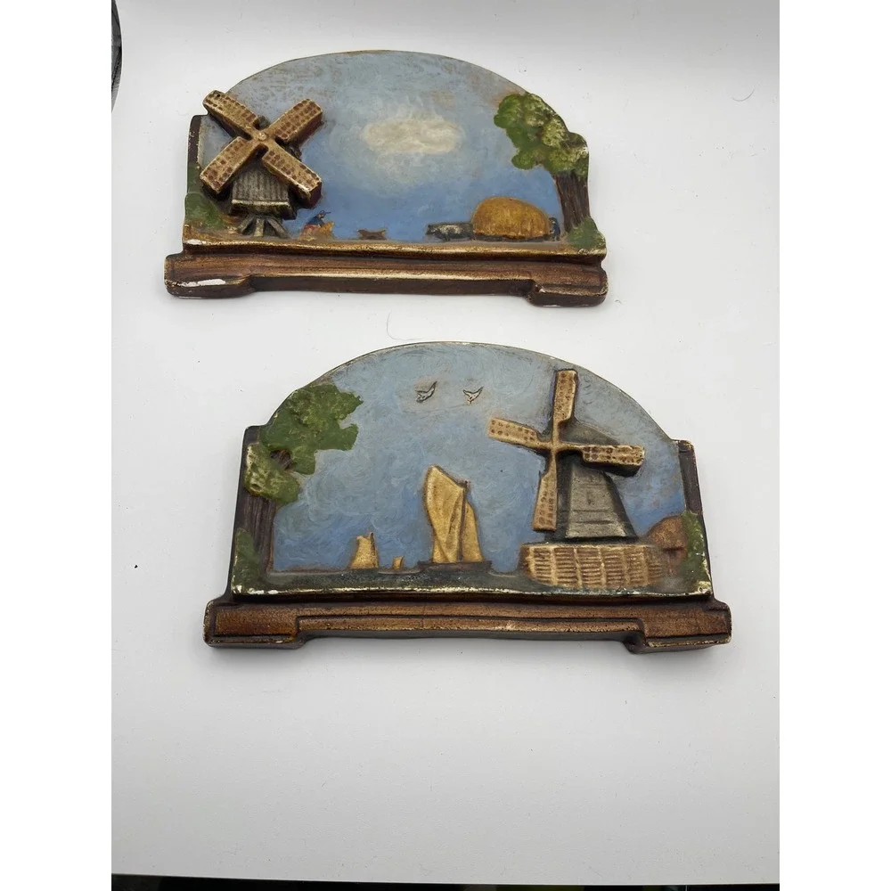 Set Of 2 Vintage Chalkware Wall Art‎ Handpainted Windmill Sculpture Pictures